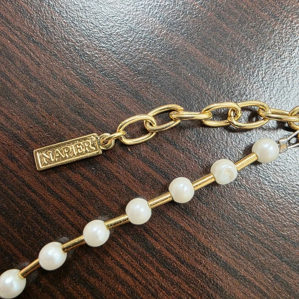 Napier Gold Tone Faux Pearl Bar Link Necklace 17 Inch Adjustable Clasp